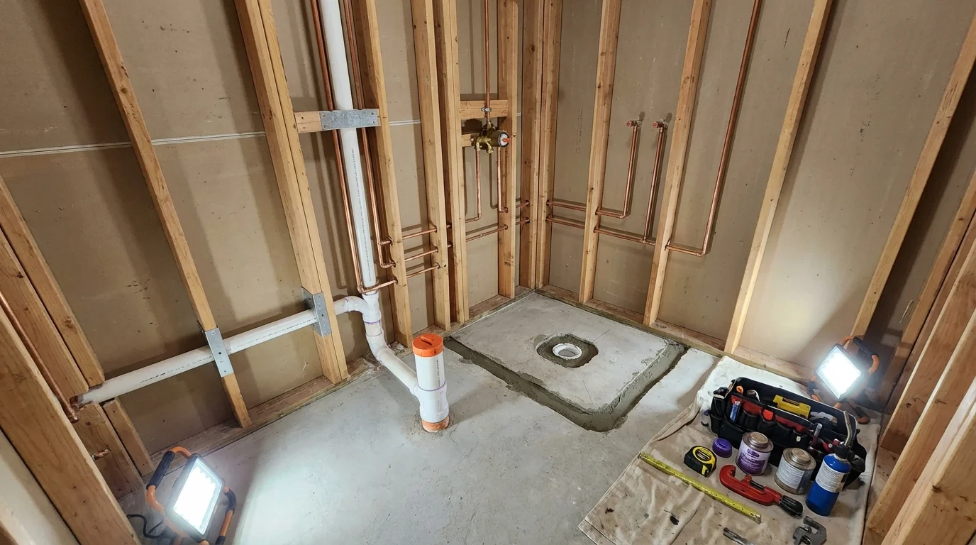 Bathroom rough-in plumbing during remodel by Johns Plumbing LLC in Michigan City