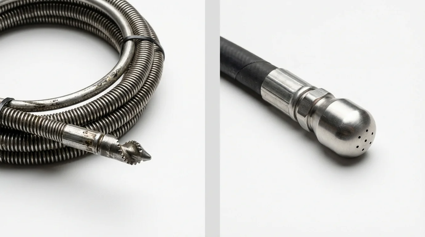 Drain snake cable and hydro jetting nozzle used for drain cleaning in Michigan City, IN