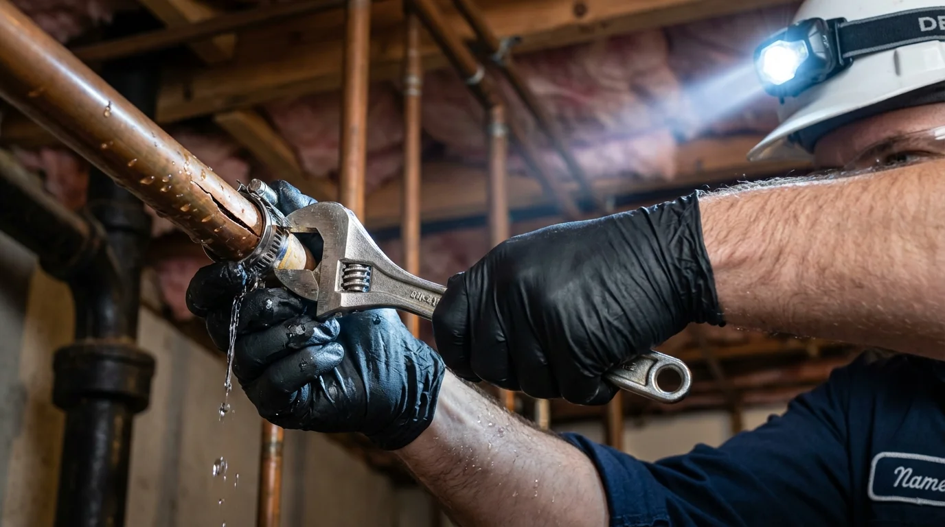 Emergency pipe clamp repair being performed by a Johns Plumbing LLC plumber in Michigan City