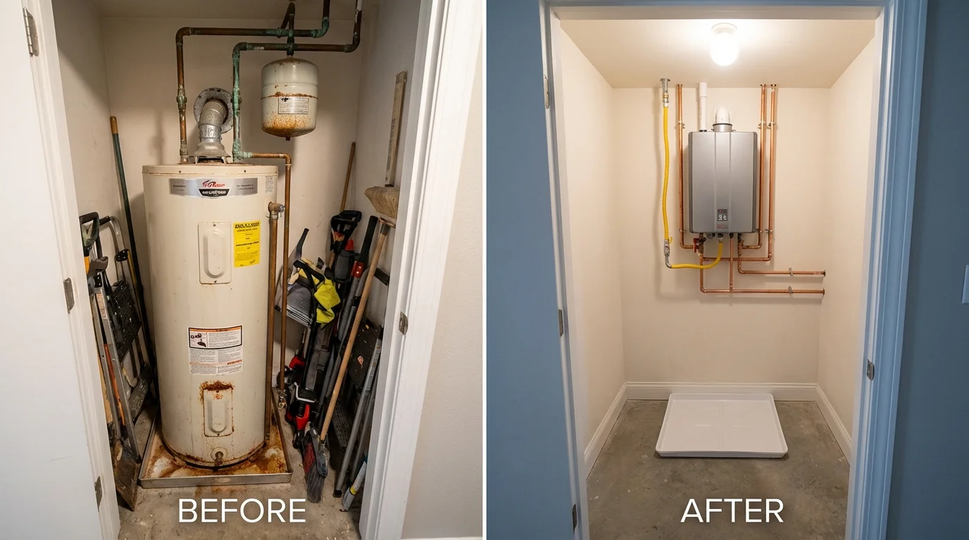 Tank water heater versus wall-mounted tankless unit comparison for Michigan City, IN homeowners