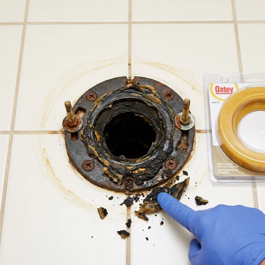 Failed wax ring showing water seepage at the base of a toilet in a Michigan City, IN home