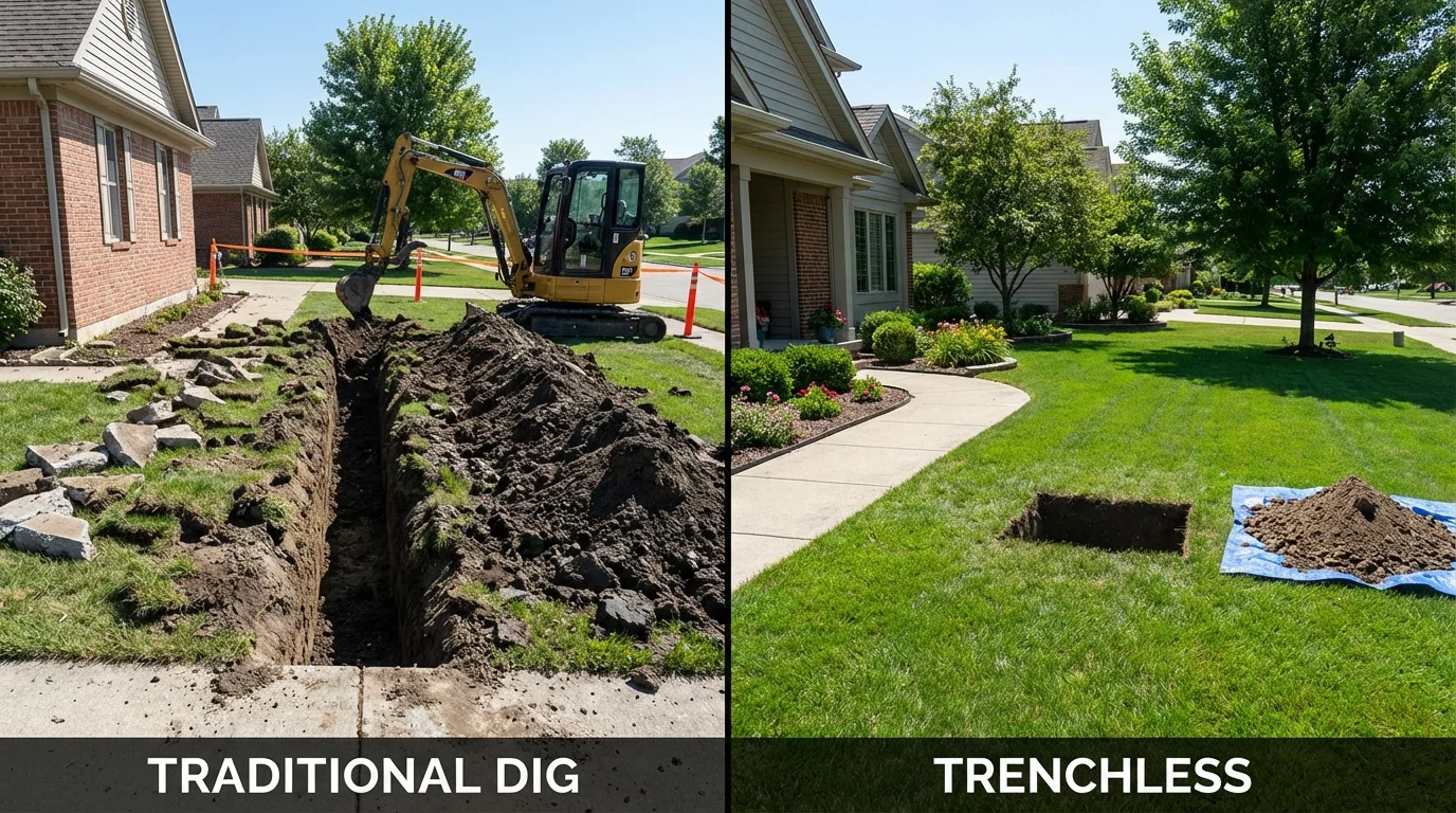 Trenchless sewer repair with minimal yard damage versus traditional excavation in Michigan City, IN
